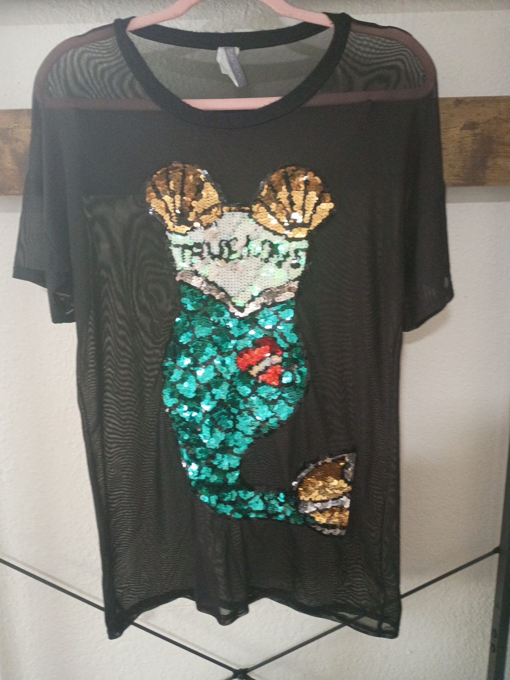 Davida Black Mesh Tee with Sequin Mermaid Appliqué